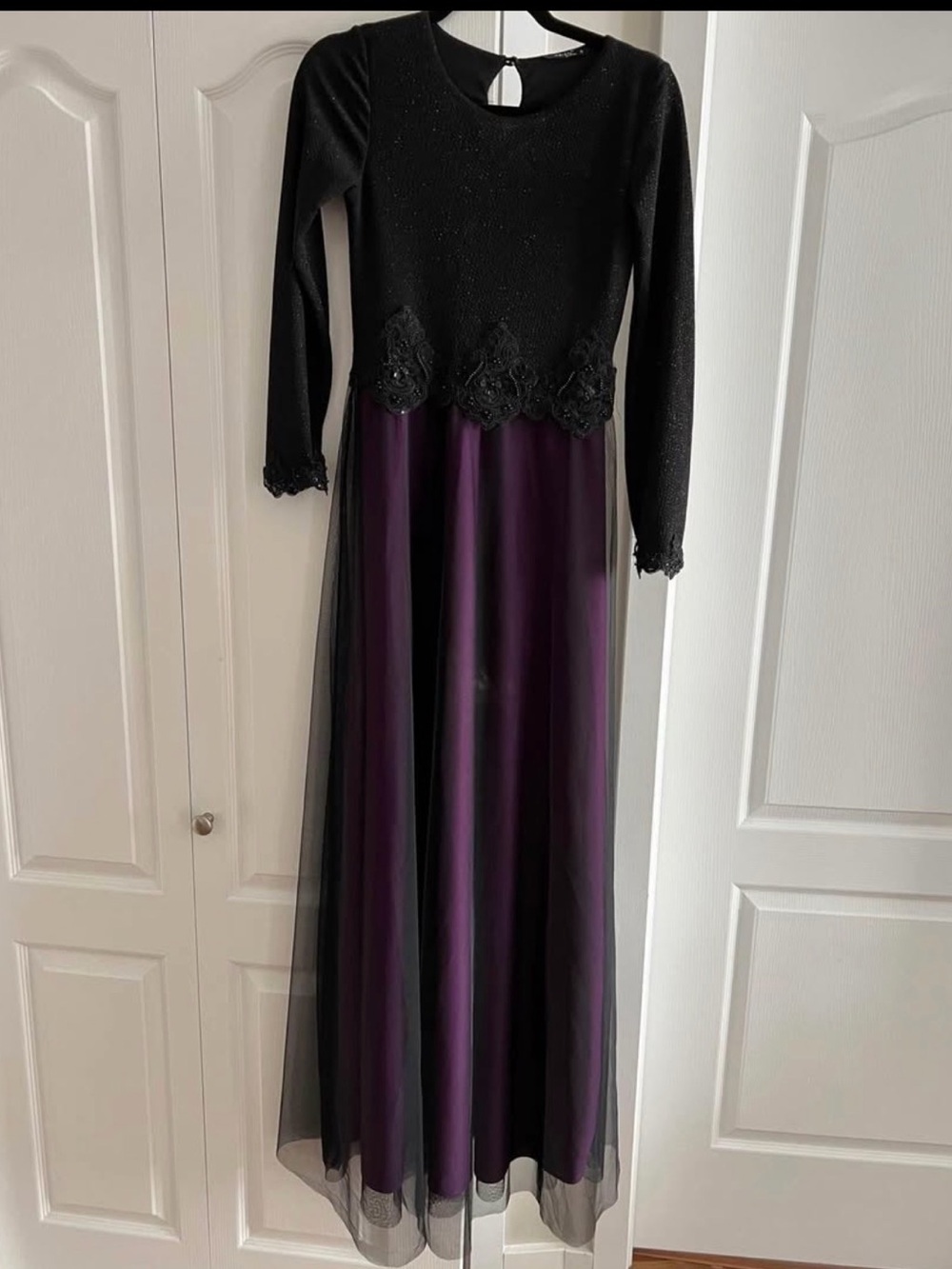 Black Lace Bodice Long Dress with Purple Skirt